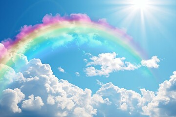 Majestic Rainbow with clouds balls. Party shape. Generate Ai