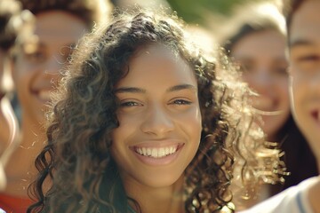 Beautiful african american girl with long curly hair smiling at camera