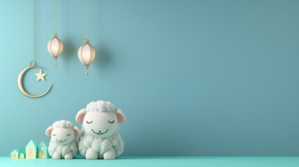cute 3d sheep with crescent and Eid al adha decoration accessories on empty blue wall copy space background design