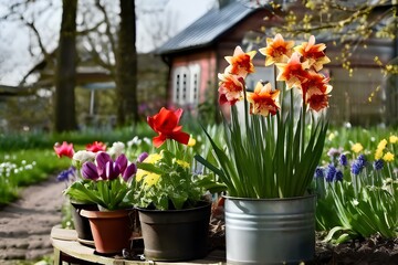 Many flowers in metal pots in flower gardening near country house. Early spring, landscape gardening.