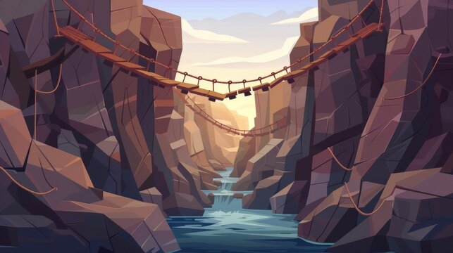 Fototapeta Cliff with hanging bridge with wooden plates and rope. Cartoon modern summer mountain landscape. Precipice with dangerous walkway between brown stone edges.