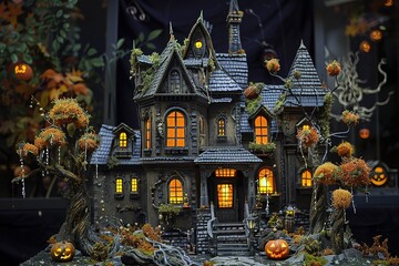 Fototapeta premium Black and orange house with Halloween theme, 3d illustration