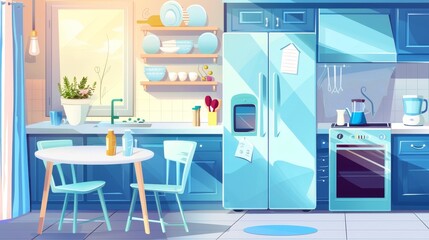 An interior design for a home kitchen. Illustration of a clean dining room with blue wood and glass furniture, kitchenware on a shelf, a modern refrigerator and oven, daylight through the window, and