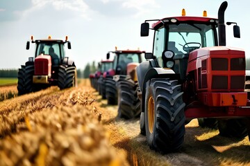 Row of tractors and agricultural machinery drives along the road, surrounded by cultivated fields.