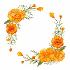 Obraz premium marigold themed frame or border for photos and text. with orange and yellow blooms. watercolor illustration, frame made of marigolds, frame painted in watercolor, for greeting card and invitation.