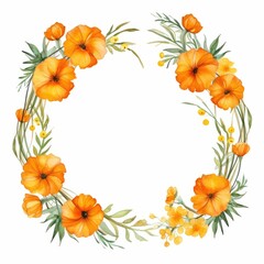 Obraz premium marigold themed frame or border for photos and text. with orange and yellow blooms. watercolor illustration, frame made of marigolds, frame painted in watercolor, for greeting card and invitation.