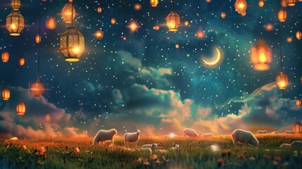 An enchanting background depicting a star-studded night sky with a crescent moon shining brightly, surrounded by 3D lanterns of various shapes and sizes