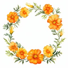 Obraz premium marigold themed frame or border for photos and text. with orange and yellow blooms. watercolor illustration, frame made of marigolds, frame painted in watercolor, for greeting card and invitation.