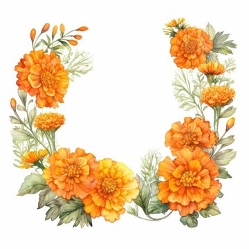 marigold themed frame or border for photos and text. with orange and yellow blooms. watercolor illustration, frame made of marigolds, frame painted in watercolor, for greeting card and invitation.