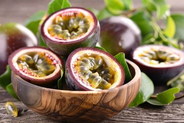 Colorful passion fruits in wooden bowls at botanical garden cafe warehouse for tropical ambiance