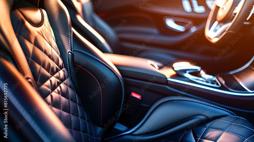 Poster high angle view of luxury sport car front passenger seat and detail high end fabric and stitch textu