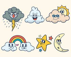 set bundle retro cartoon clouds illustration
