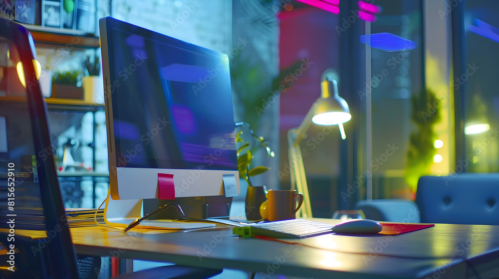 Poster modern computer on table in office interior stylish workplace : generative ai