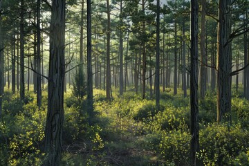 A view of a dense forest that has never been visited by humans with the ground still lush with grass.