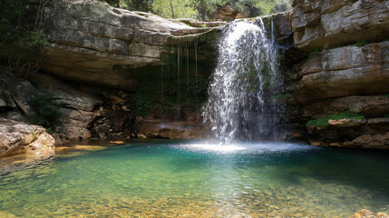 Naklejka premium A crystal-clear waterfall cascading down a rocky cliff into a serene pool of water, symbolizing the purity and abundance of clean water sources. Dynamic and dramatic composition, w
