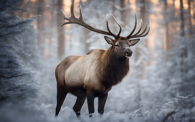 Majestic elk in a frosty forest