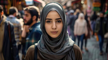 Naklejka premium pretty, beautiful, very attractive middle eastern young woman looking at the camera posing at an Arab city market.