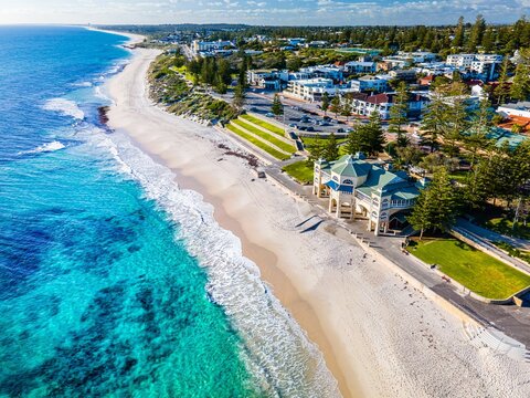 Aerial view of the stunning Cottesloe Beach in Western Australia, with crystal blue waters