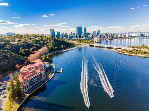 Aerial view of the Perth CBD in Western Australia, with tall buildings and a vibrant cityscape