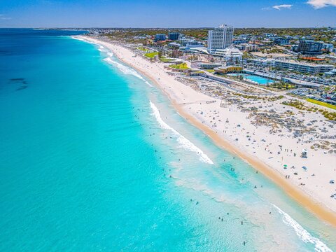 Aerial view of Scarborough Beach, Perth, Western Australia, with pristine white sands