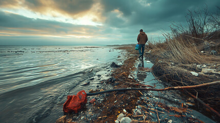 A powerful photograph of a person participating in a community clean-up effort along a polluted shoreline, highlighting the importance of preserving and protecting water sources fo