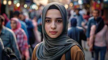 pretty, beautiful, very attractive middle eastern young woman looking at the camera posing at an Arab city market.