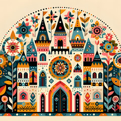 This lively and intricate illustration features a quaint castle surrounded by various flowers and plants. The castle has several towers of different heights and decorated with different designs.