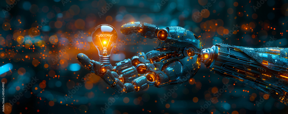 Poster machine learning ai: robotic hands manipulate illuminated bulb brain icon - data network, deep learn