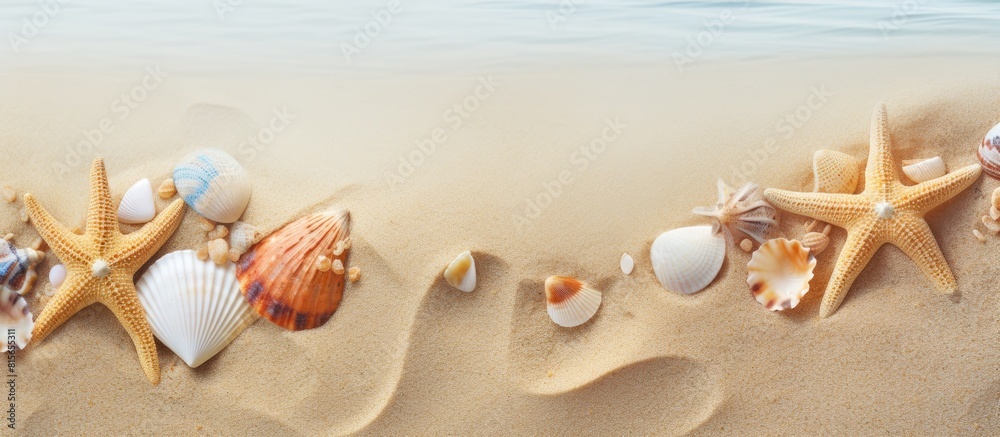 Poster summer time concept with seashells and starfish on sand top view. copy space available