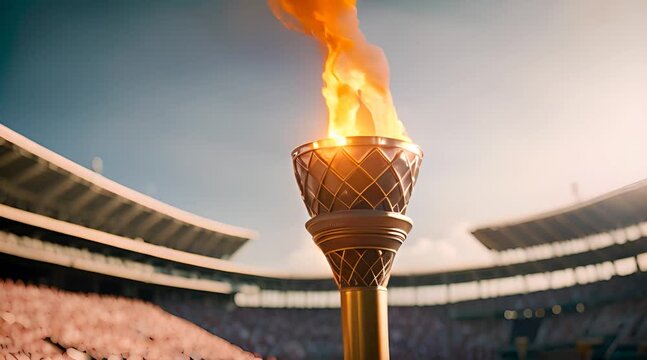 The Olympic torch burns in the vast stadium, a unique moment of the opening of the Olympic Games.