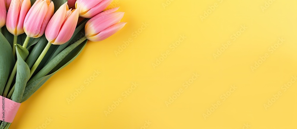 Aufkleber gently pink tulips on the yellow background spring background with a bouquet of flowers with copy sp