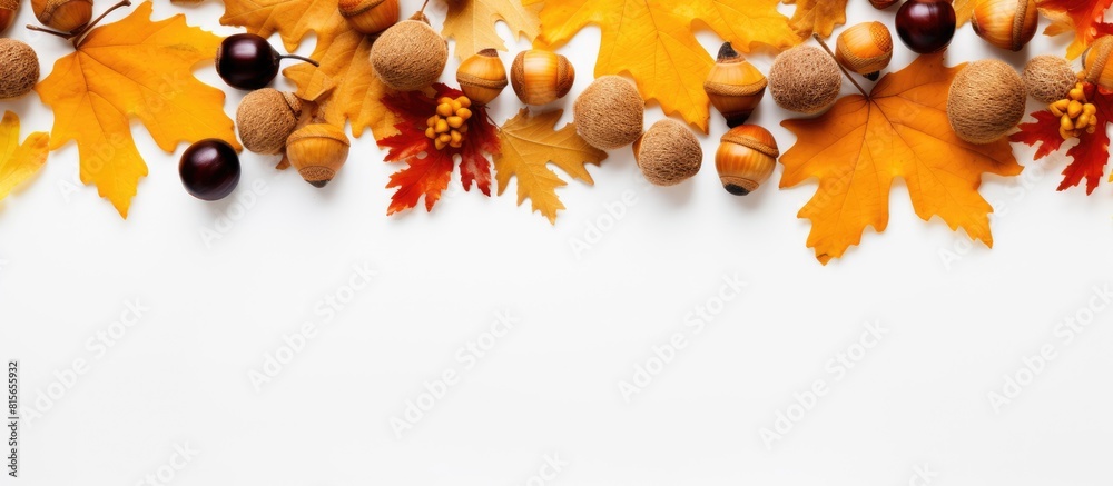 Poster autumn flat lay golden maple and oak leaves acorns on white background copy space top view
