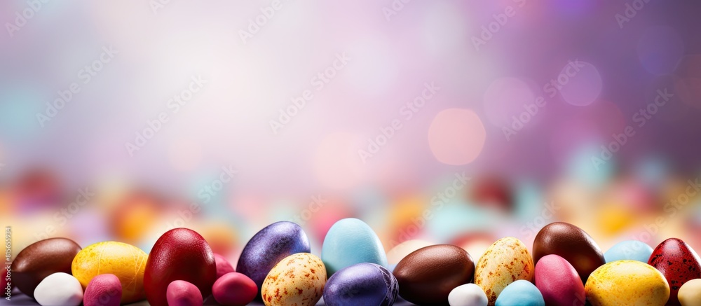 Aufkleber Different chocolate Easter eggs and candies on color background. copy space available