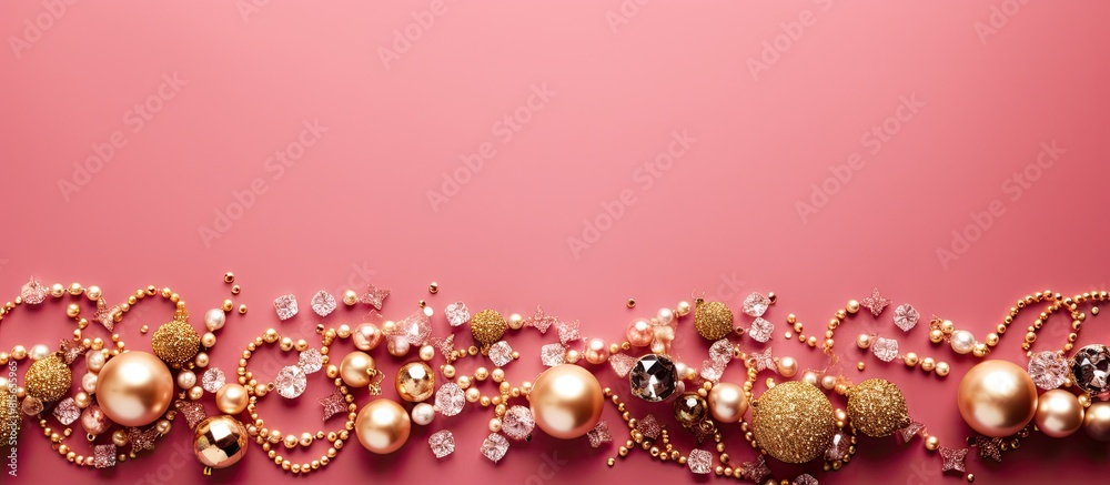 Poster Christmas Flat Lay Background Beautiful christmas golden shiny jewelry on a pink background New Year composition Holiday card Top view copy space