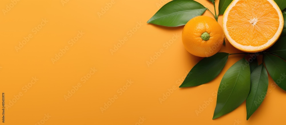 Poster fresh orange fruit with slice and green leaves isolated on orange color background top view flat lay