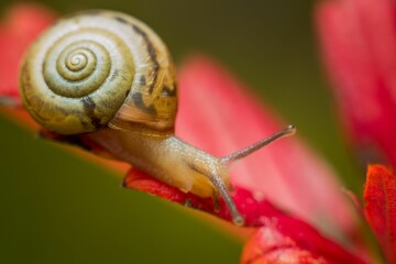 Macro shot of a white snail perched atop a lush bed of foliage.