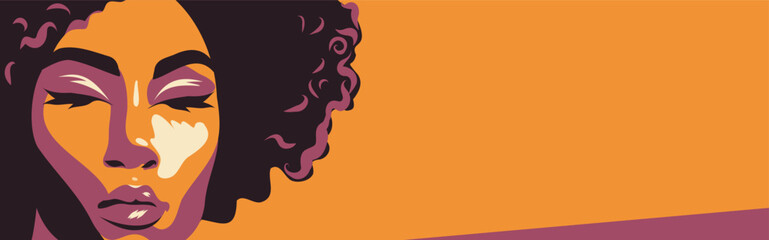 Vector banner portrait of african american woman strong feminist. Place for text. Women's Day. Vector illustration of girl power, movement for gender equality and women empowerment