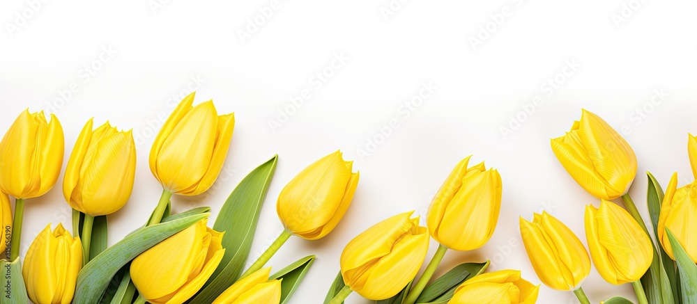 Poster spring flowers yellow tulips on white background top view space for text border. copy space availabl