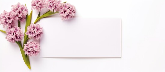 Top view image of a craft paper envelope embellished with a white card and pink hyacinth flowers The enchanting arrangement is set against a white background providing ample space for any desired add