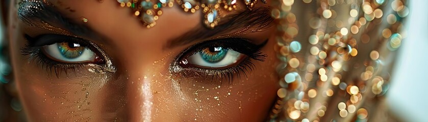 A closeup portrait of a woman with dramatic Arabic makeup, featuring bold eyeliner and jeweled accessories, set against a soft, textured backdrop