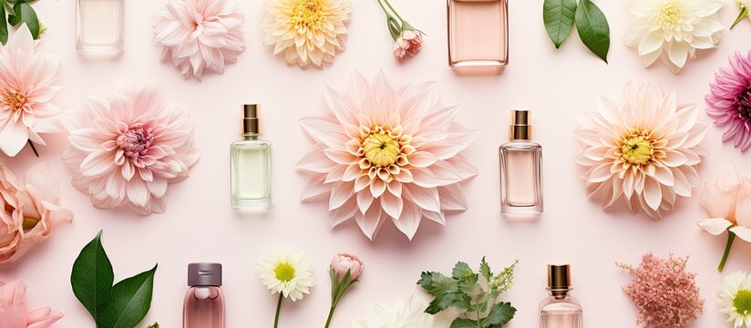 Luxury cosmetics with dahlia flower and green leaf on pink background Luxury expensive fresh and floral perfume and nail polish top view flat lay. copy space available