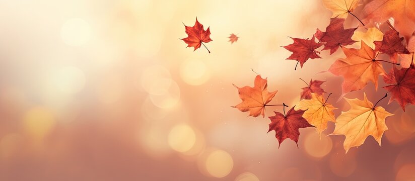 Flying autumn maple leaves isolated on warm autumn background Fall leaves for black friday sale and Halloween price drop or seasonal banner with autumn foliage. copy space available