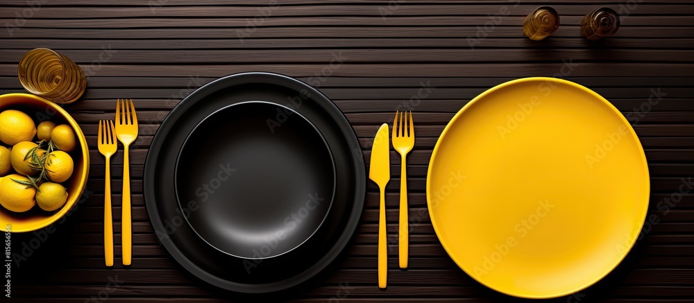 Poster top view of a black wood table adorned with vibrant yellow tableware the image captures a flat lay p