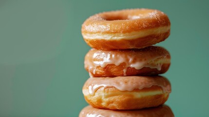 Macro Shot of a Stack of Glazed Krispy Kreme Doughnuts Against a Green Background