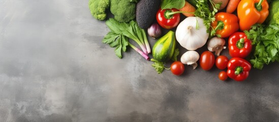 Copy space image of organic vegetables vintage concrete background and top view Perfect for vegan gluten free allergy friendly clean eating and raw diet enthusiasts