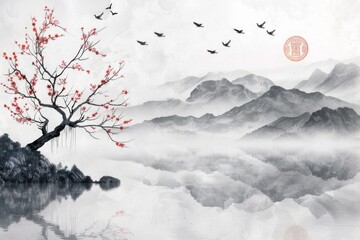 A landscape of mountains and lakes painted in Japanese painting. Watercolor painting with black and white base color.