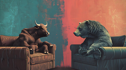 Bull vs. bear sitting on armchairs looking at each other. Stock market trends concept