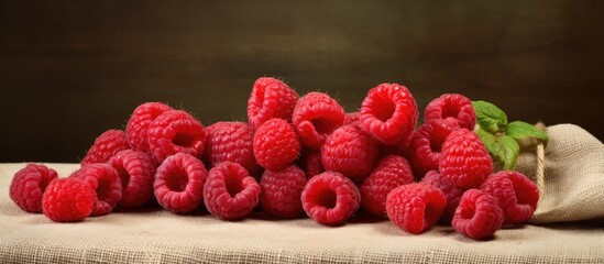 A bowl of freshly picked raspberries on burlap. copy space available