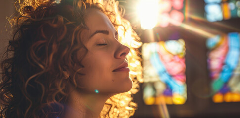 Happy woman with closed eyes and open mouth breathing fresh air in a church, peaceful moment of...