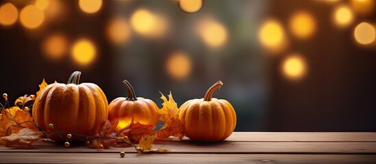 Happy Thanksgiving Day background wooden table decorated with Pumpkins with light bokeh garland Halloween concept Beautiful Holiday Autumn Composition. copy space available